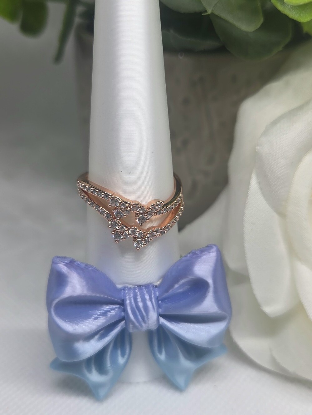 Crystal Double V Butterfly Accent Ring On Rose Gold Plating